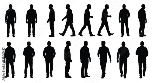 Collection of black silhouette figures exhibiting various walking and standing poses