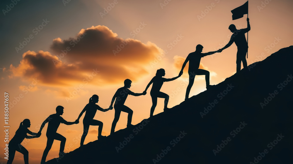 Fototapeta premium A group of young professionals from diverse ethnic backgrounds help each other climb a hill at sunset.