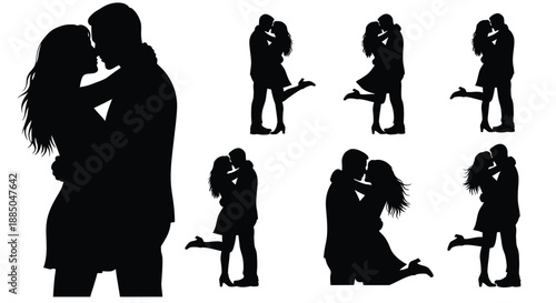 Silhouettes of couples embracing and kissing in various intimate poses