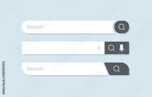 Collection of modern search bars with unique rounded shapes and dark buttons. Includes voice search and cancel icons for creative web and mobile UX design