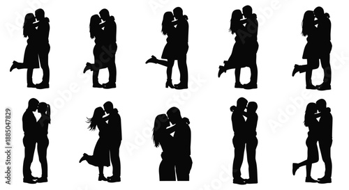 Silhouettes of couples embracing and dancing in various romantic poses