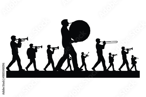 Silhouette of musicians playing brass instruments and drums