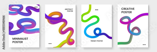 Collection of creative posters with neon gradient wavy tubes and minimalist typography