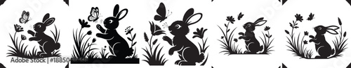 Spring bunny and butterfly silhouettes in nature scene with meadow grass and wild flower elements for creative greeting designs