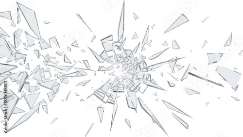 Shattered glass fragments exploding in all directions