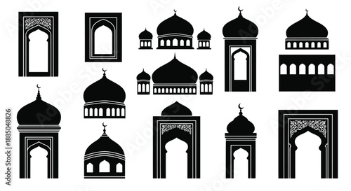 Islamic architecture elements domes arches and minarets in monochrome design