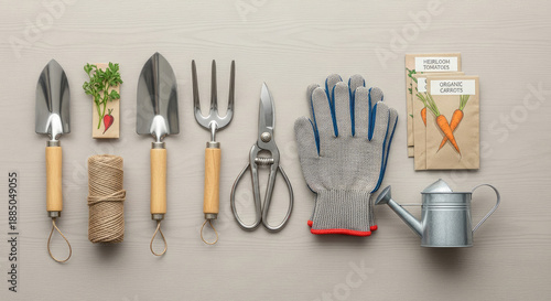 A collection of gardening tools and accessories laid out on a textured surface