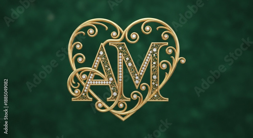 Golden heart shaped monogram am on dark green background with swirls