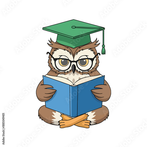 Intelligent Owl Student Reading Book Wearing Graduation Cap