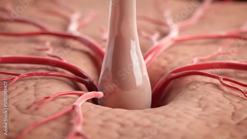 Wallpaper Mural A close-up 3D animation illustrating the intricate process of hair growth within the dermis layer of skin, showing blood vessels nourishing the follicle. Torontodigital.ca