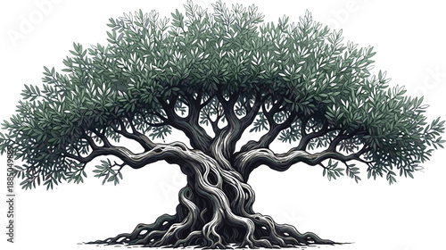 Professional botanical vector illustration of an ancient olive tree with a gnarled trunk and sprawling green leaf canopy.