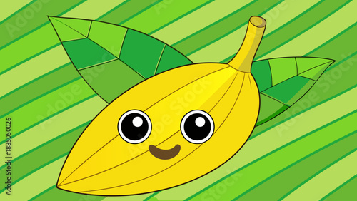 Cheerful yellow cocoa pod on a green leafy background Vector