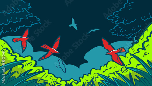 Vibrant birds soaring through lush, verdant forests Vector