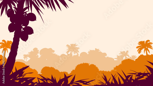Silhouetted tropical landscape at sunset Vector