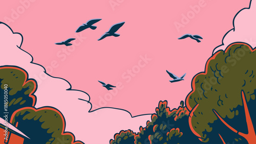 Serene sky with flying birds and lush green trees Vector
