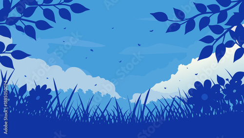 Serene blue landscape with cloudy sky and lush greenery Vector