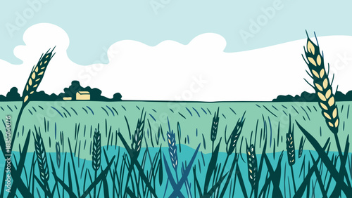 Serene wheat fields under a clear sky Vector