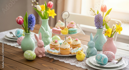 A festive Easter table setting with colorful cupcakes, decorated eggs, and spring flowers in vases