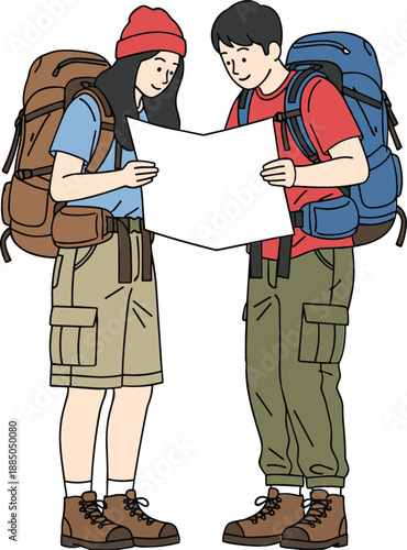Flat vector illustration of a young man and woman with large backpacks looking at a paper map while hiking or backpacking