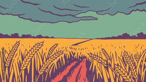 Golden wheat fields under stormy sky Vector