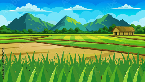Serene countryside landscape with lush fields and towering mountains Vector