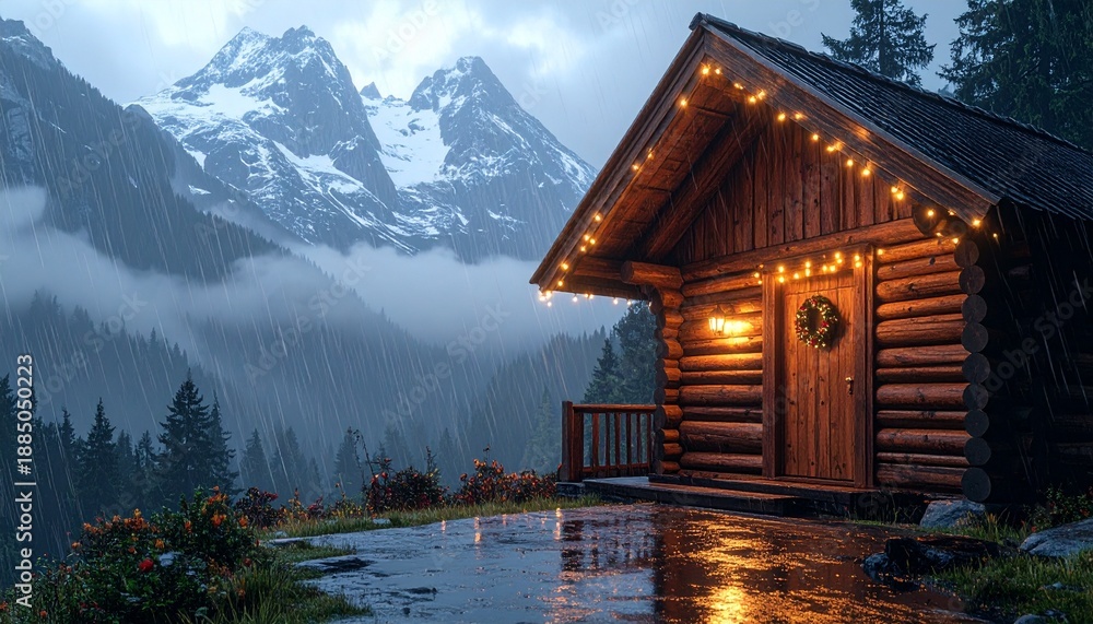 Fototapeta premium Cozy wooden cabin illuminated by warm string lights and a wreath, providing a serene retreat on a rainy evening against majestic snow-capped mountains