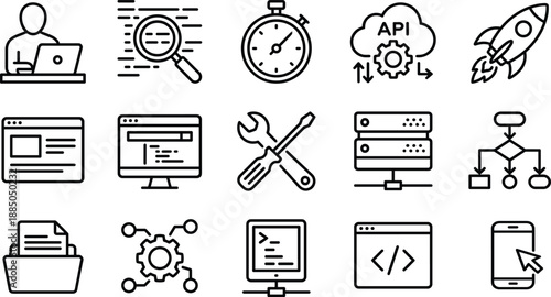 Software development icon set with 15 black line symbols for coding, tools, and tech workflow design content