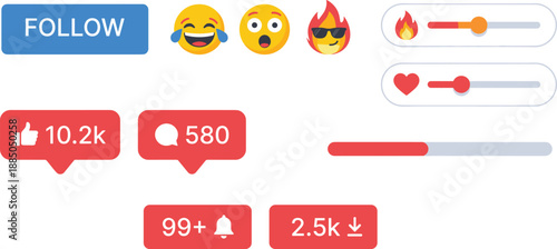 Social media UI icon set with emojis, buttons, sliders, and engagement metrics for interaction and feedback design content.