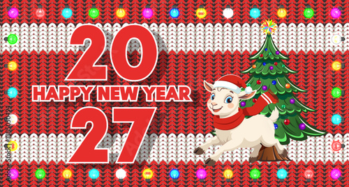 Vector holiday greeting banner, poster. Funny cute little cartoon cheerful goatling wearing Santa hat and red scarf. Decorated spruce tree. 2027. Happy new year. Knitted wool background. Lamb garland