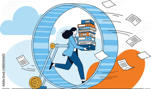 Flat vector illustration of a woman running in a giant hamster wheel while carrying a heavy stack of files for workplace burnout and repetitive task concepts