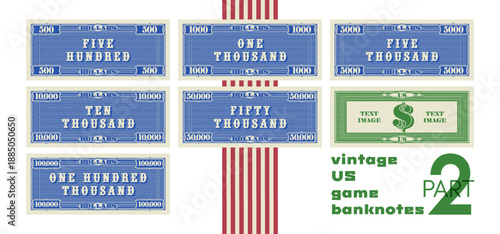 Vector set of vintage US banknotes. Denominations: 500, 1000, 5000, 10000, 50000 and 100000 dollars. Game collection of retro notes with grid. Blue obverse and green reverse. Bill. Part 2