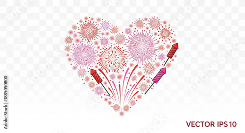 Heart shaped fireworks exploding in pink and red hues on transparent background for love and celebration concepts