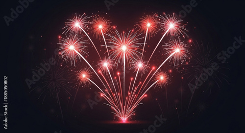 Vibrant red fireworks exploding in night sky with bright sparks and trails of light on a dark background