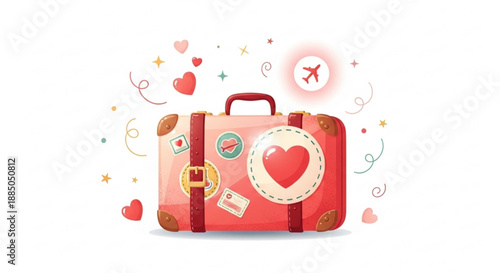 Vintage pink suitcase with heart stickers and travel symbols surrounded by colorful hearts and stars on white background representing love and adventure