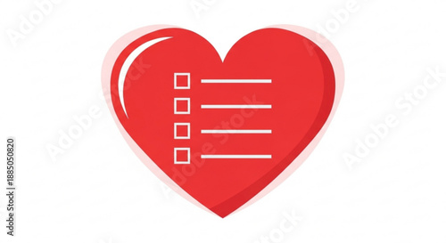 Red heart checklist symbol with white lines and boxes on a white background for love survey or to do list