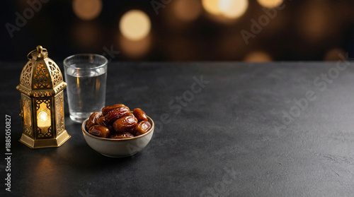 Ramadan iftar background with dates, a glass of water, and a lantern arranged neatly on one side