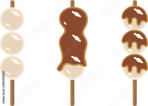 Set of Japanese dango vector illustrations. Traditional mitarashi dango with caramel sauce glaze on a wooden skewer. Minimalist line art icons for Asian cuisine, wagashi dessert, and food menu design.