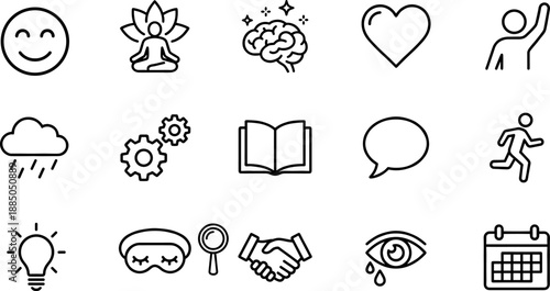 Wellness and activity icon set with 16 black line symbols for emotion, mindfulness, and lifestyle design content.