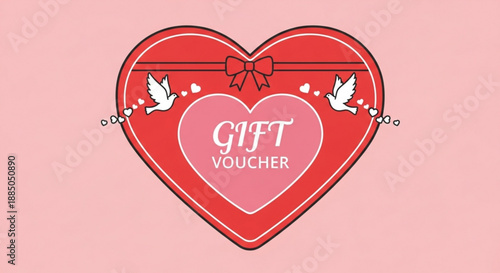 Red heart shaped gift voucher card with white doves and bow on pink background for love and romance