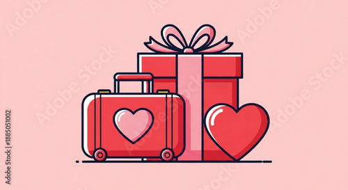 Red travel suitcases and gift boxes with hearts on a pink background symbolizing love and travel