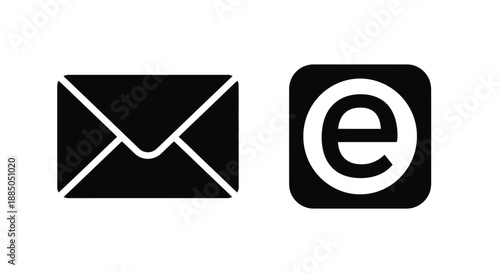 Black and white icons depicting an envelope and a letter e