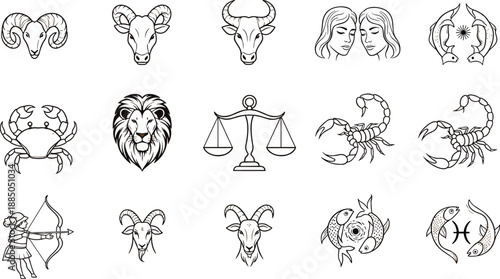 Zodiac icon set with artistic variations of Aries, Taurus, Gemini, Cancer, Leo, Libra, Scorpio, Sagittarius, Capricorn, Pisces for astrology