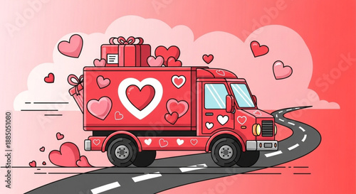 Red delivery truck driving on winding road surrounded by hearts and gift boxes in cartoon style illustration