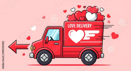 Red delivery truck with love hearts and 'love delivery' text on a pink background symbolizing affection and care