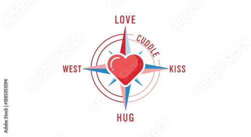 Heart shaped compass with love directions red heart center affectionate words navigation symbol vector illustration