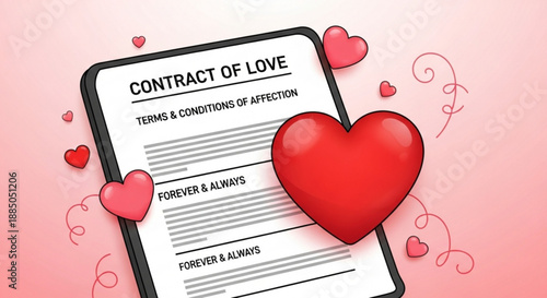 Contract of love terms and conditions on a tablet with a large red heart on pink background