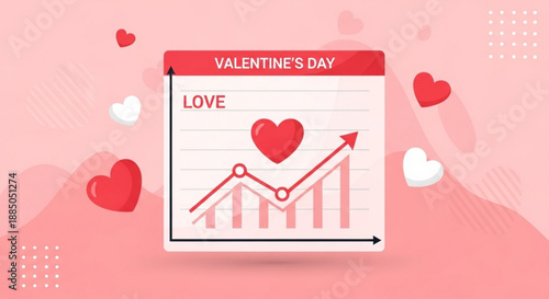 Valentine's day love growth chart with heart graph on pink background with floating hearts