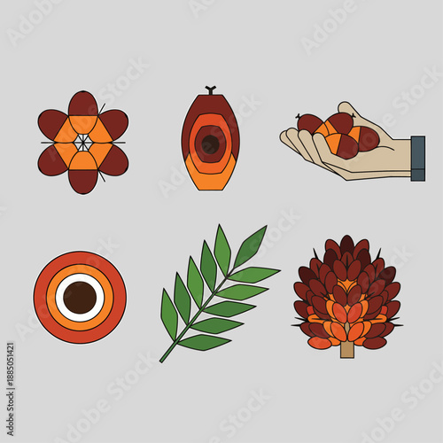 Palm oil industry icon set with fresh fruit bunch, leaf, kernel and hand holding harvest
