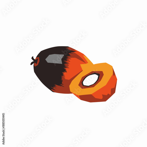 Oil palm fruit with cut half showing orange flesh and white kernel on white