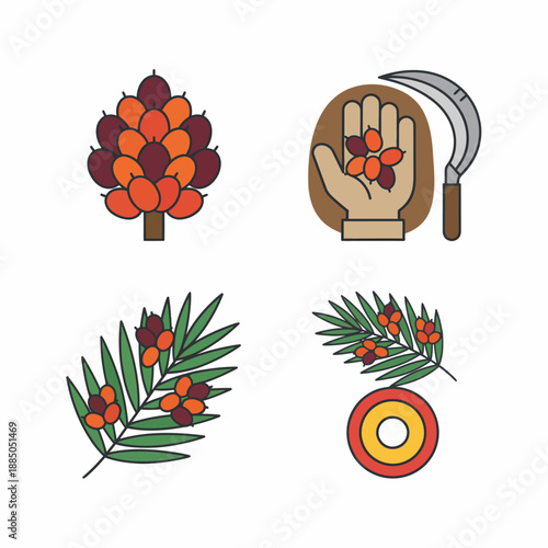 Palm oil production icons featuring fruit bunches leaves harvesting sickle and fresh kernels